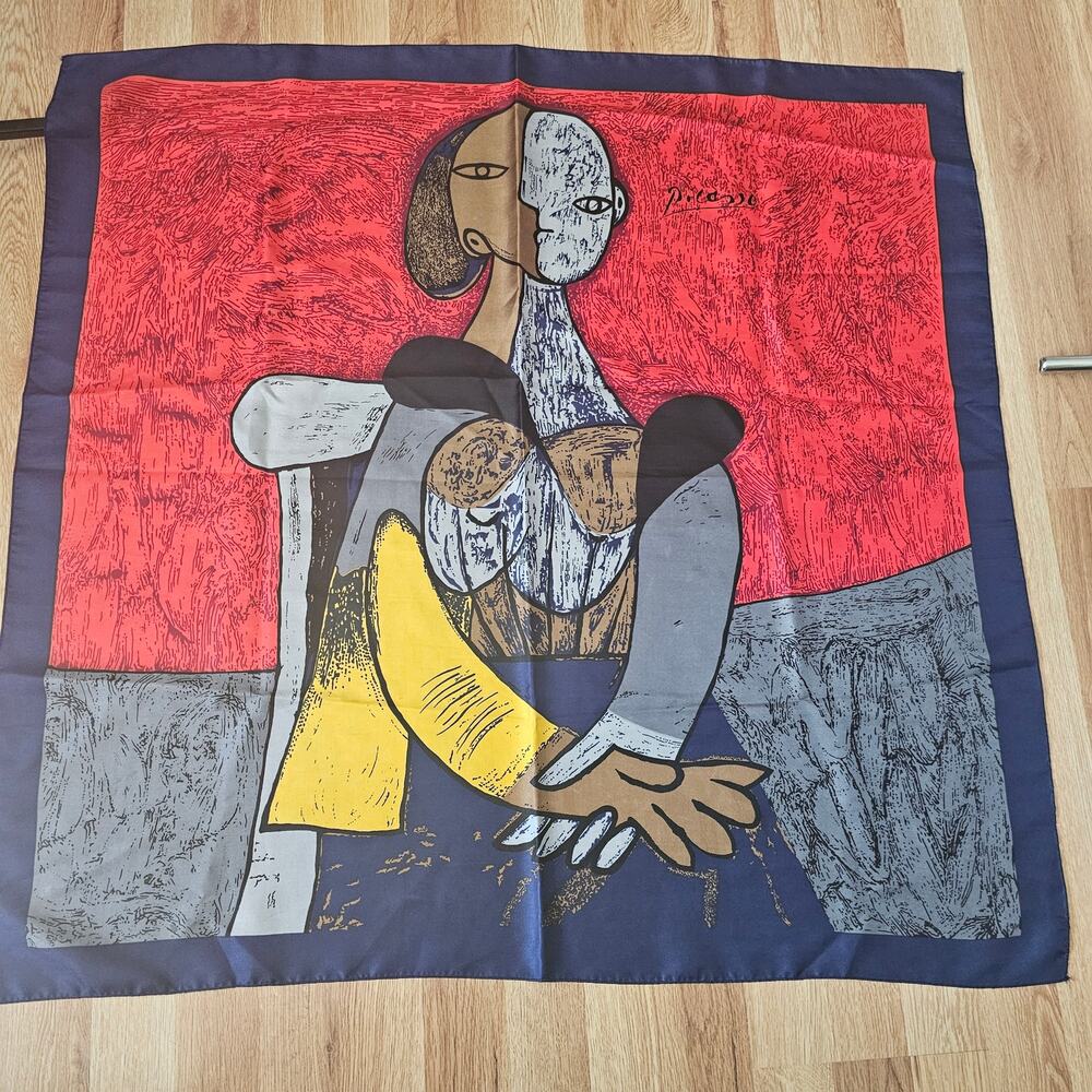 Vtg Picasso-Inspired Art Scarf Abstract Cubist Woman Print Square Satin Scarf